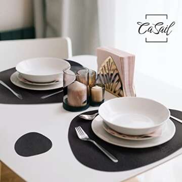 CaSail Faux Leather Placemats and Coasters - Set of 4 Round Modern Black Table Mats for Dining - Hea...
