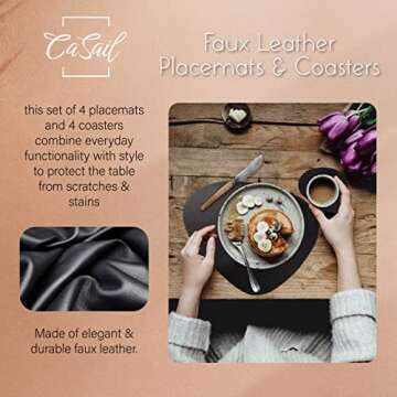 CaSail Faux Leather Placemats and Coasters - Set of 4 Round Modern Black Table Mats for Dining - Heat Resistant, Waterproof & Non Slip Place mat for Indoor & Outdoor - Wipeable for Easy Care