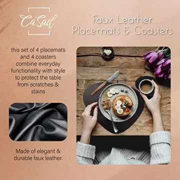 CaSail Faux Leather Placemats and Coasters - Set of 4 Round Modern Black Table Mats for Dining - Heat Resistant, Waterproof & Non Slip Place mat for Indoor & Outdoor - Wipeable for Easy Care