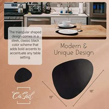 CaSail Faux Leather Placemats and Coasters - Set of 4 Round Modern Black Table Mats for Dining - Heat Resistant, Waterproof & Non Slip Place mat for Indoor & Outdoor - Wipeable for Easy Care