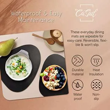 CaSail Faux Leather Placemats and Coasters - Set of 4 Round Modern Black Table Mats for Dining - Heat Resistant, Waterproof & Non Slip Place mat for Indoor & Outdoor - Wipeable for Easy Care