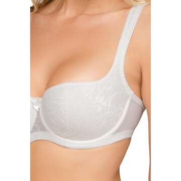 Rosme Women's Balconette Bra with Push Up Effect – Plus Size Sexy Lace Demi Half Cup Bra – Lightly Padded Underwired Low Cut Mesh Design Grand, Ivory, Size 32C