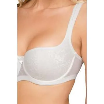 Rosme Women's Balconette Bra with Push Up Effect – Plus Size Sexy Lace Demi Half Cup Bra – Lightly Padded Underwired Low Cut Mesh Design Grand, Ivory, Size 32C