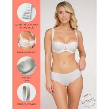 Rosme Women's Balconette Bra with Push Up Effect – Plus Size Sexy Lace Demi Half Cup Bra – Lightly Padded Underwired Low Cut Mesh Design Grand, Ivory, Size 32C