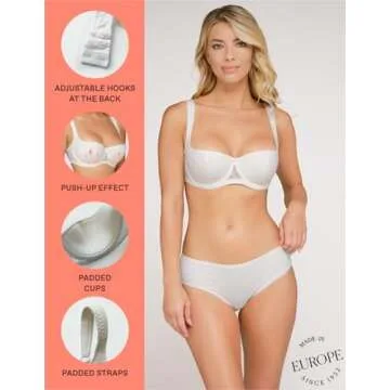 Rosme Women's Balconette Bra with Push Up Effect – Plus Size Sexy Lace Demi Half Cup Bra – Lightly Padded Underwired Low Cut Mesh Design Grand, Ivory, Size 32C