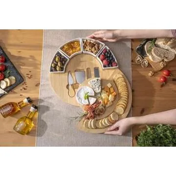 Charcuterie Cheese Board and Platter Set - Made from Bamboo Wood - US Patented 13 inch Cheese Cutting Board and Knife for Entertaining and Serving - 4 Knives - 4 Bowls