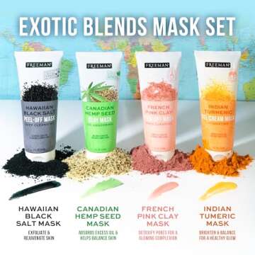 Freeman 4 Count Exotic Blends Face Mask Variety Set, Includes Clay, Peel-Off, Gel, & Cream Facial Ma...