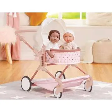 LullaBaby – Twin Doll Stroller – Pink Toy Stroller With Gold Stars – Foldable Canopy, Swivel Wheels & Storage Basket – Baby Doll Accessories – Toys For Kids Ages 2 & Up – Double Doll Stroller