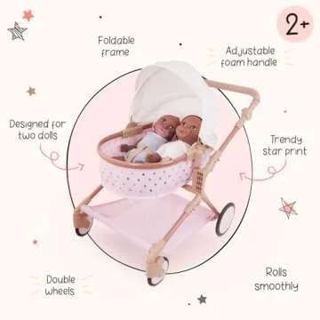 LullaBaby – Twin Doll Stroller – Pink Toy Stroller With Gold Stars – Foldable Canopy, Swivel Wheels & Storage Basket – Baby Doll Accessories – Toys For Kids Ages 2 & Up – Double Doll Stroller