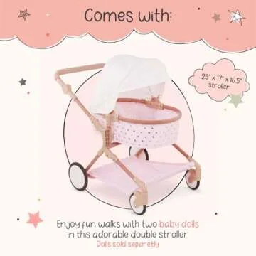 LullaBaby – Twin Doll Stroller – Pink Toy Stroller With Gold Stars – Foldable Canopy, Swivel Wheels & Storage Basket – Baby Doll Accessories – Toys For Kids Ages 2 & Up – Double Doll Stroller