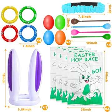 19 Pack Easter Outdoor Party Games for Kid Family, School Carnival Game 4 Bunny Potato Sack Race Bag, Egg and Spoon Relay Race, 2 3-Legged Band, 1 Ear Ring Toss Game (4 Score Rings) Easter Eggs Hunt