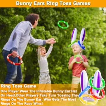 19 Pack Easter Outdoor Party Games for Kid Family, School Carnival Game 4 Bunny Potato Sack Race Bag, Egg and Spoon Relay Race, 2 3-Legged Band, 1 Ear Ring Toss Game (4 Score Rings) Easter Eggs Hunt