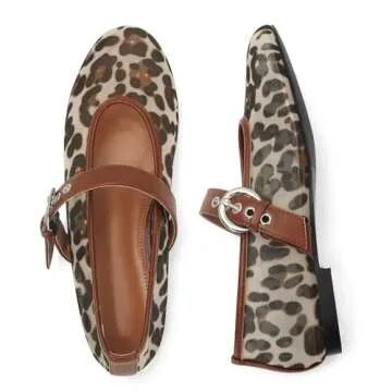 MICIFA Leopard Mesh Ballet Flats for Women Mary Jane Buckle Flats Round Toe Slip on Ballerina Flat Shoes Fall Comfortable Casual Dress