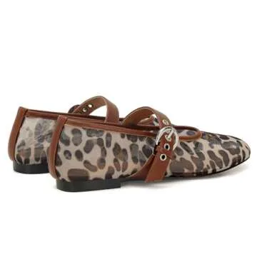 MICIFA Leopard Mesh Ballet Flats for Women Mary Jane Buckle Flats Round Toe Slip on Ballerina Flat Shoes Fall Comfortable Casual Dress