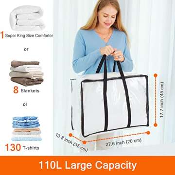 Vieshful 3 Pack Clear Storage Bags 110L Over-Sized Clothes Bags with Double Zippers Sturdy Handles T...