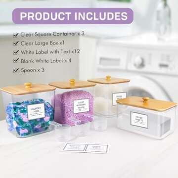 3+1 Pack Laundry Pods Container,Clear Laundry Room Organization Containers,Large Laundry Detergent Powder Storage Containers with Wooden Lids & Labels,Laundry Pods Holder for Scent Booster,Powder,Pods