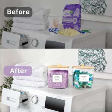 3+1 Pack Laundry Pods Container,Clear Laundry Room Organization Containers,Large Laundry Detergent Powder Storage Containers with Wooden Lids & Labels,Laundry Pods Holder for Scent Booster,Powder,Pods