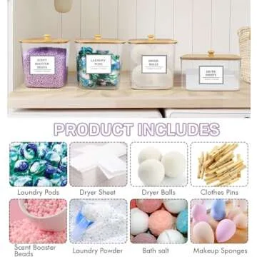 3+1 Pack Laundry Pods Container,Clear Laundry Room Organization Containers,Large Laundry Detergent Powder Storage Containers with Wooden Lids & Labels,Laundry Pods Holder for Scent Booster,Powder,Pods