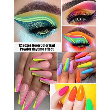Kalolary 12 Boxes Luminous Pigment Nail Powder, Glow in The Dark Neon Color Nail Powder, Color Acrylic Gradient Glitter Polish for Eyeshadow Face Body Makeup Nail Art Decoration