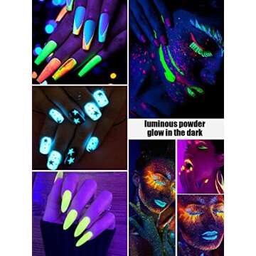 Kalolary 12 Boxes Luminous Pigment Nail Powder, Glow in The Dark Neon Color Nail Powder, Color Acrylic Gradient Glitter Polish for Eyeshadow Face Body Makeup Nail Art Decoration