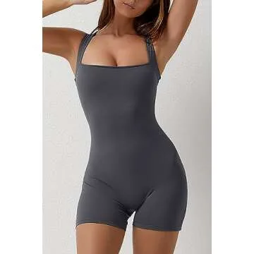QINSEN Womens Strappy Square Neck Tank Tummy Control Stretch Short Jumpsuit Outfits Grey L