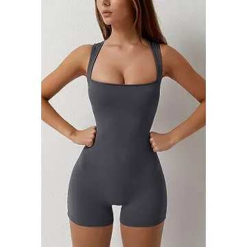 QINSEN Womens Strappy Square Neck Tank Tummy Control Stretch Short Jumpsuit Outfits Grey L