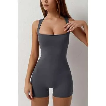 QINSEN Womens Strappy Square Neck Tank Tummy Control Stretch Short Jumpsuit Outfits Grey L