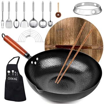 KAQINU Carbon Steel Wok Pan Set - 14 Pieces for All Cooking Styles