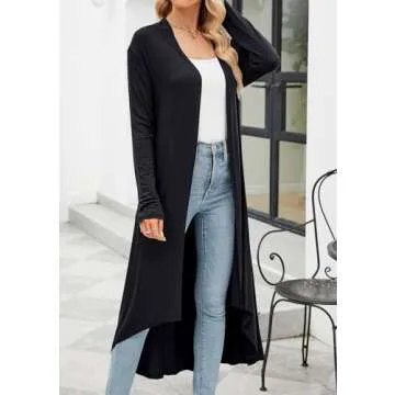POGTMM Long Cardigan for Women Dressy 2024 Lightweigt Open Front Long Sleeve Duster Cardigans (Black, L)