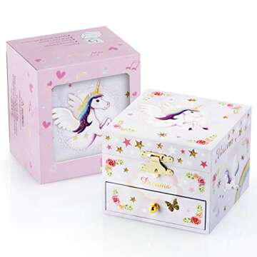 RR ROUND RICH DESIGN Kids Musical Jewelry Box for Girls with Drawer and Jewelry Set with Brave Unicorn - Beautiful Dream Tune Purple