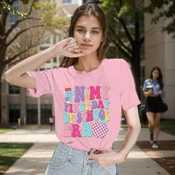 Teacher Shirts for Women Happy First Day of School Teacher Shirts Back to School Teacher Tee Tops Candy Pink