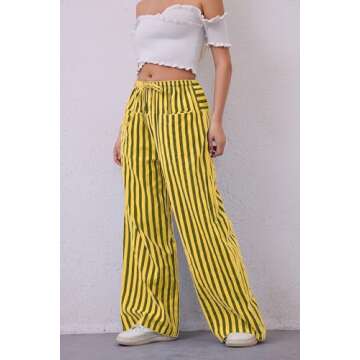 AIHUKOCY Women Drawstring Stripe Wide Leg Casual Trousers Striped Low Rise Casual Loose Lounge Pants with Pockets Yellow