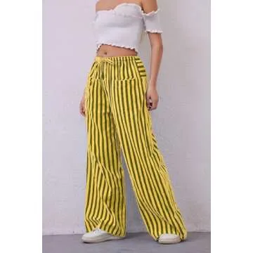 AIHUKOCY Women Drawstring Stripe Wide Leg Casual Trousers Striped Low Rise Casual Loose Lounge Pants with Pockets Yellow