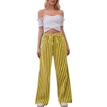 AIHUKOCY Women Drawstring Stripe Wide Leg Casual Trousers Striped Low Rise Casual Loose Lounge Pants with Pockets Yellow