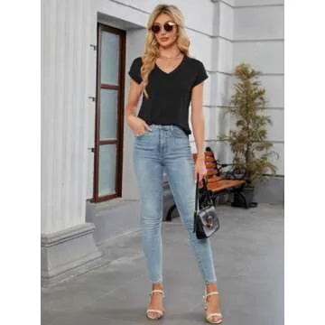 YOKGO Womens Tops Summer Short Sleeve Shirts V Neck Basic Tees Cap Sleeve T Shirts Casual Trendy Spr...