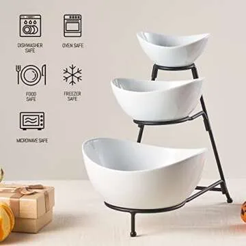 LYEOBOH 3 Tier Serving Bowls Set with Collapsible Thicker Metal Stand, Oval Serving Dishes for Entertaining Tiered Serving Stand for Fruit, Dessert, Candy, Chip and Dip (Black)