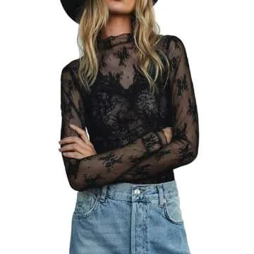 KMBANGI Women's Mesh Black Lace Long Sleeve Top Mock Neck Sheer Blouse Floral Lace Layering Tops Y2k...