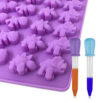 4 Pack Gummy Bear& Dinosaur Molds Silicone,Sonku Nonstick Food Grade Silicone Candy Chocolate Jelly, Ice Cube with 2 Bonus Droppers-Purple,Blue