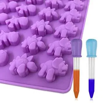 4 Pack Gummy Bear& Dinosaur Molds Silicone,Sonku Nonstick Food Grade Silicone Candy Chocolate Jelly, Ice Cube with 2 Bonus Droppers-Purple,Blue
