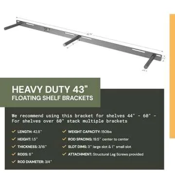 Floating Shelf Bracket - 43” Hidden Shelf Brackets, 150 LB Weight Capacity, for Shelves 43-60" Long, 3/4 Inch Industrial Solid Steel Support Rods Walnut Wood Works