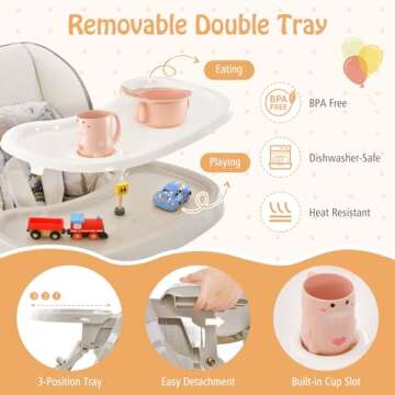 BABY JOY High Chair, Foldable Baby High Chair with Adjustable Height, Backrest & Footrest, Double Removable Tray, Portable High Chair with Wheels for Babies & Toddlers of 6-36 Months