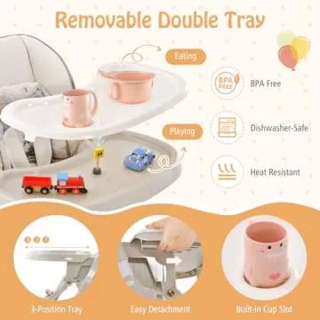 BABY JOY High Chair, Foldable Baby High Chair with Adjustable Height, Backrest & Footrest, Double Removable Tray, Portable High Chair with Wheels for Babies & Toddlers of 6-36 Months