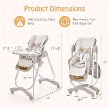 BABY JOY High Chair, Foldable Baby High Chair with Adjustable Height, Backrest & Footrest, Double Removable Tray, Portable High Chair with Wheels for Babies & Toddlers of 6-36 Months