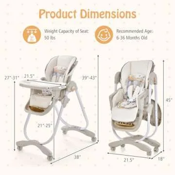 BABY JOY High Chair, Foldable Baby High Chair with Adjustable Height, Backrest & Footrest, Double Removable Tray, Portable High Chair with Wheels for Babies & Toddlers of 6-36 Months