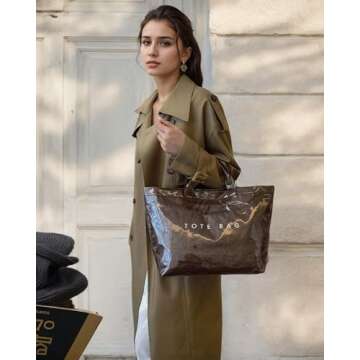 RUNSOON PVC Trendy Tote Bag for Women, Kraft Paper the Letter Print Tote Bag Large Work Tote Handbag...