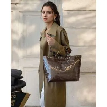 RUNSOON PVC Trendy Tote Bag for Women, Kraft Paper the Letter Print Tote Bag Large Work Tote Handbag...
