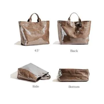 RUNSOON PVC Trendy Tote Bag for Women, Kraft Paper the Letter Print Tote Bag Large Work Tote Handbag Clear Plastic Bag Kelly Bag with Top Handle, Coffee