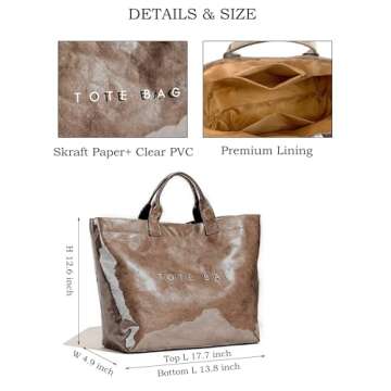 RUNSOON PVC Trendy Tote Bag for Women, Kraft Paper the Letter Print Tote Bag Large Work Tote Handbag Clear Plastic Bag Kelly Bag with Top Handle, Coffee