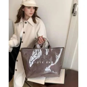 RUNSOON PVC Trendy Tote Bag for Women, Kraft Paper the Letter Print Tote Bag Large Work Tote Handbag Clear Plastic Bag Kelly Bag with Top Handle, Coffee