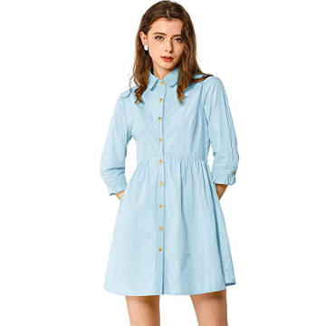 Allegra K Women's Casual Shirt Dress Ruched 3/4 Sleeve Button Down Work Mini Dresses X-Large Blue